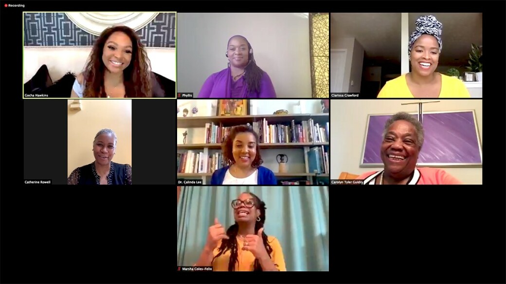 KENNY LEON’S TRUE COLORS: Screen shot from the May 16, 2020, community conversation on ‘Unsung Sheroes.’ Top row, from left: Gocha Hawkins, owner of Gocha’s Breakfast Bar; Phyllis Thomas (ASL Interpreter), Clarissa Crawford (moderator); middle row: City of South Fulton Councilwoman Catherine Foster Rowell; Dr. Calinda Lee, Atlanta History Center; Bishop Carolyn Tyler-Guidry; and bottom row: Marsha Coles-Felix (ASL Interpreter). 